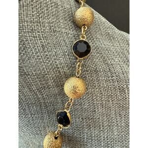 Vintage Austrian Crystal USA Glass Hammered Bead Necklace Black Gold Link Signed